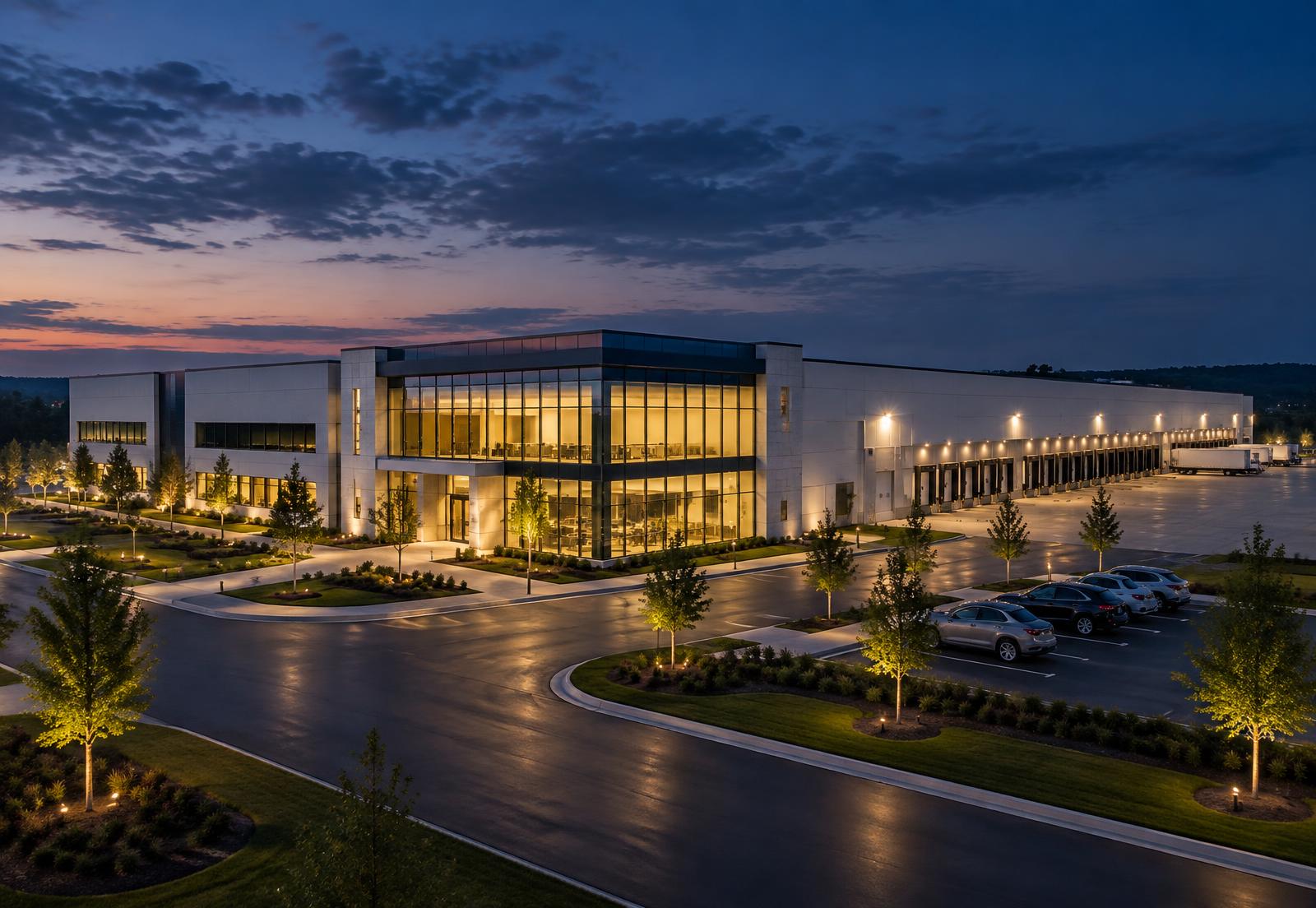 Modern manufacturing facility at dusk