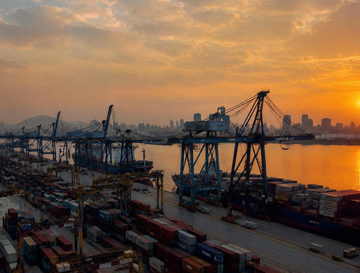 Container port at dusk